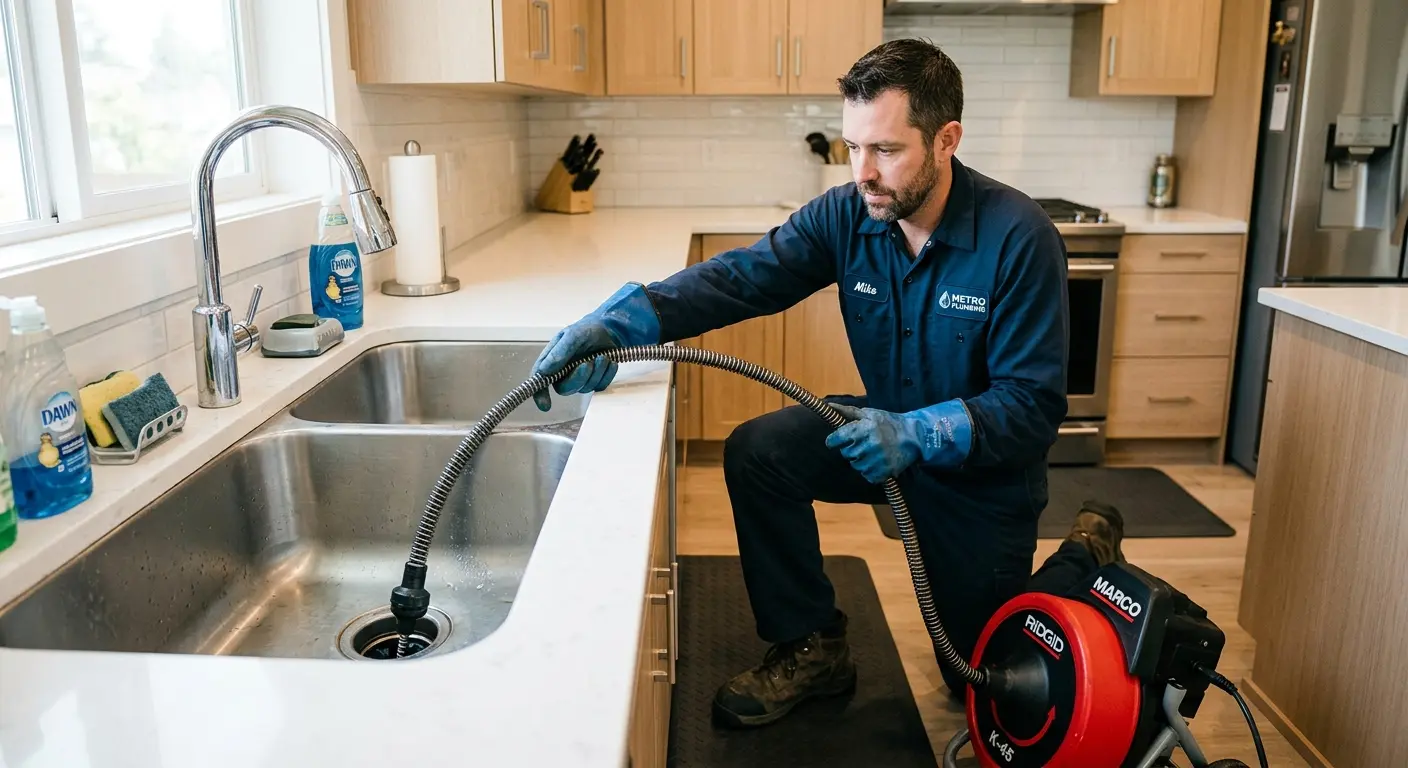 Drain cleaning technician using a motorized snake on a kitchen sink in North Ridgeville