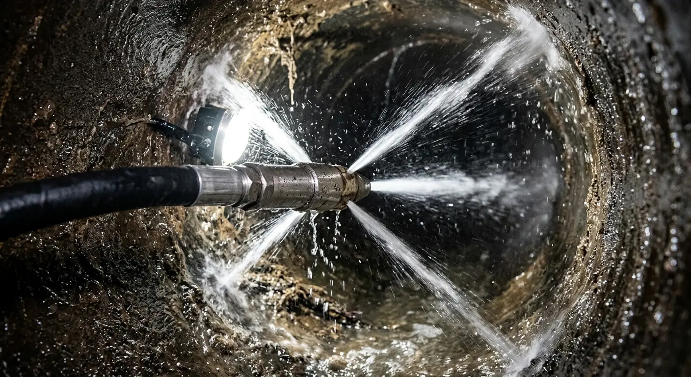 High-pressure hydro jetting nozzle cleaning sewer pipe for Emergency Drain Service in North Ridgeville