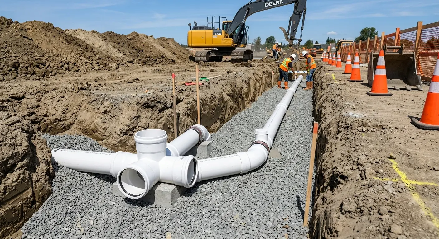 New PVC sewer pipe installation in open trench for Sewer Backup in North Ridgeville