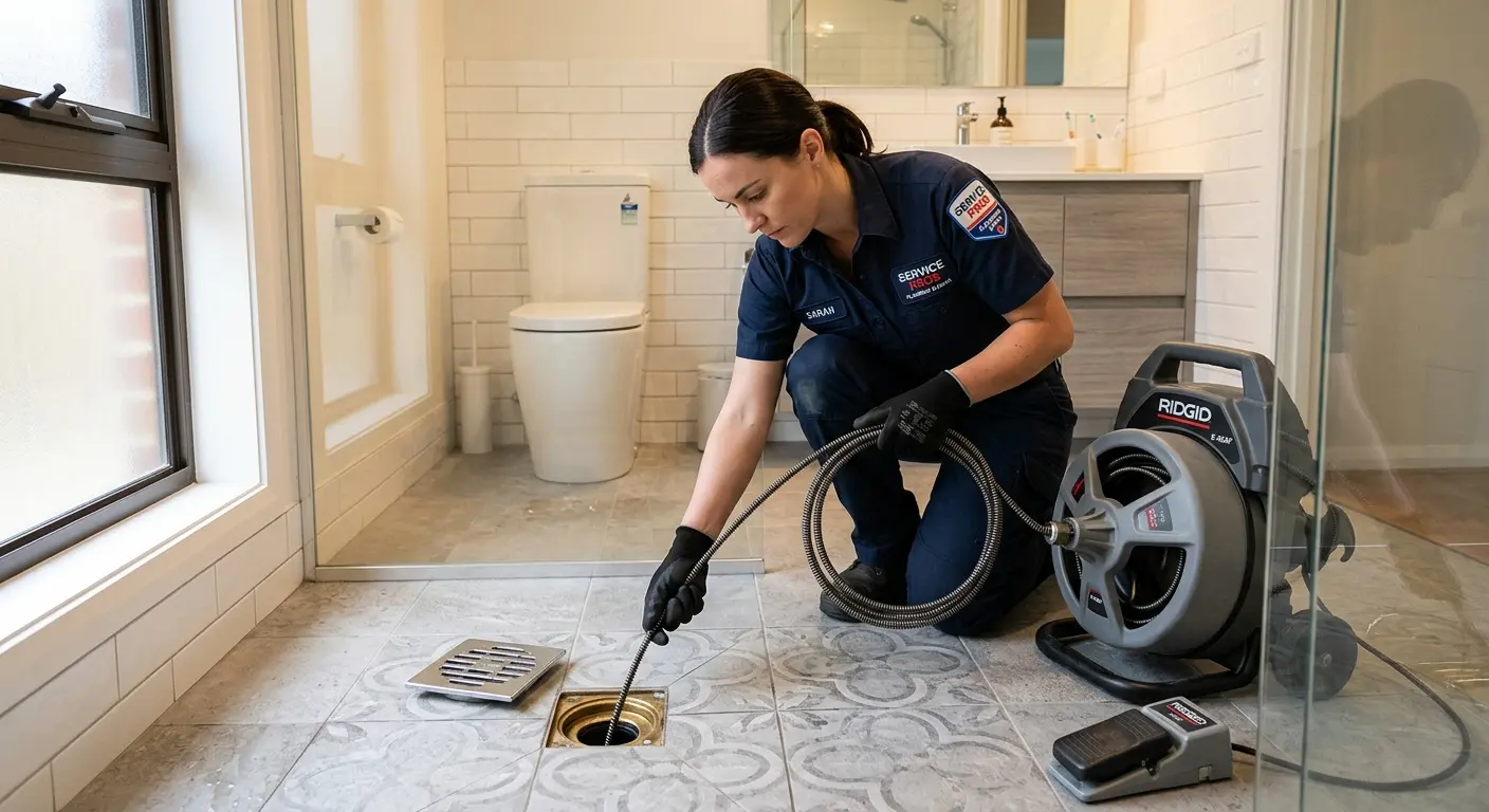 Technician clearing a bathroom floor drain for Drain Repair in North Ridgeville
